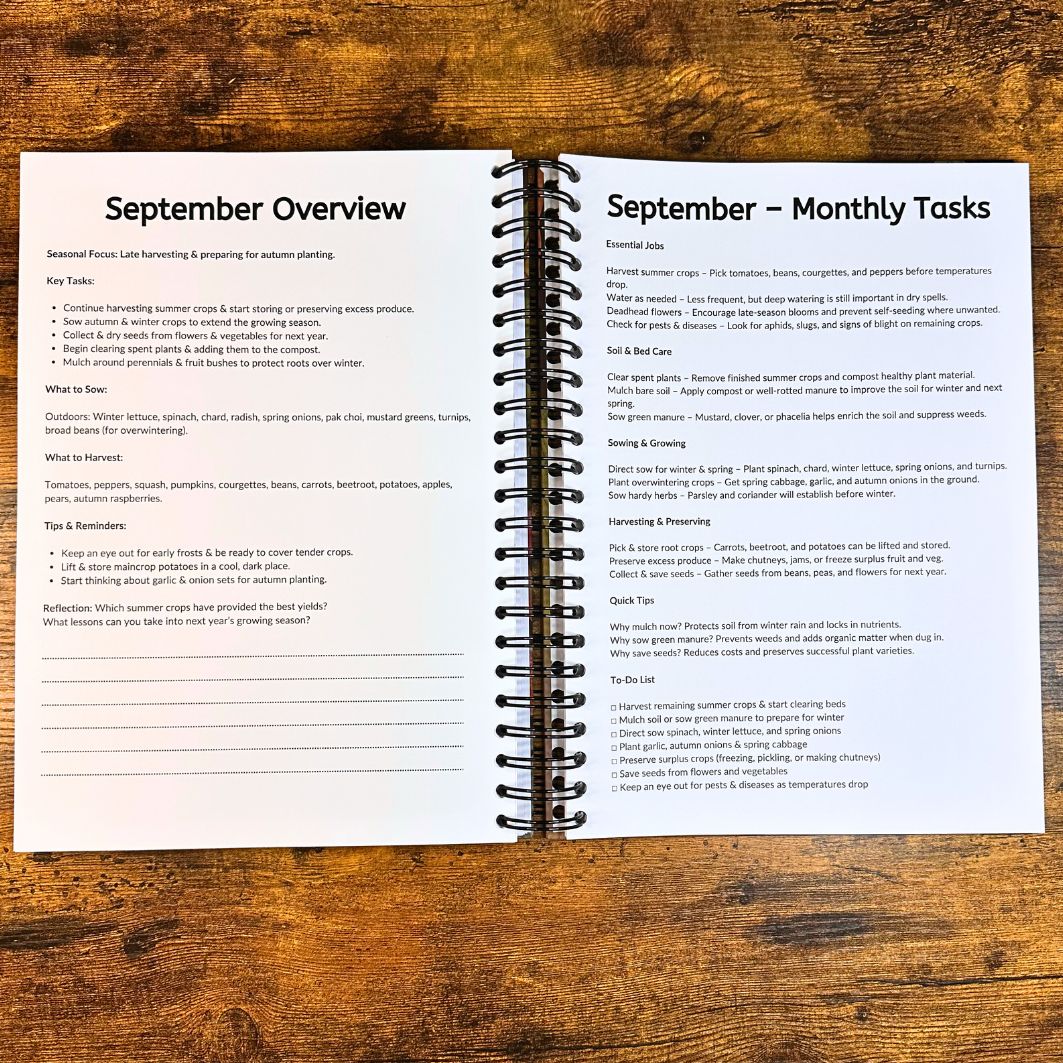 Open spiral-bound planner showing September overview and tasks on a wooden surface