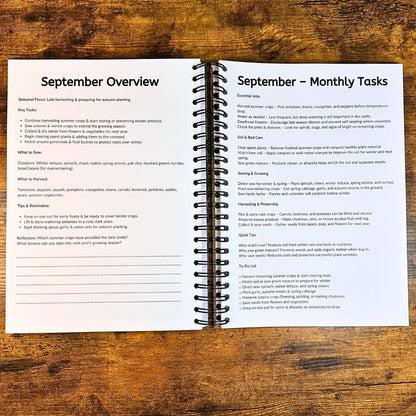 Open spiral-bound planner showing September overview and tasks on a wooden surface