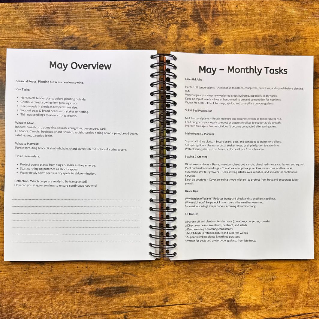 Open spiral-bound planner with 'May Overview' and 'May - Monthly Tasks' on a wooden surface
