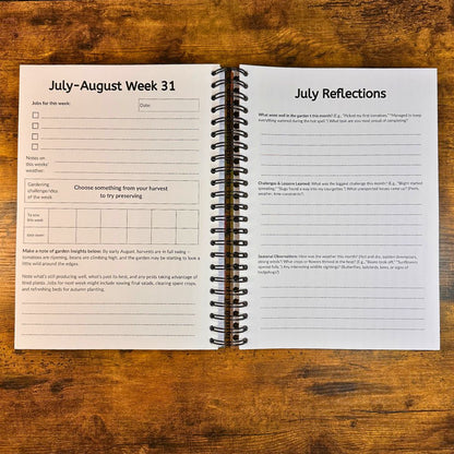 Open spiral-bound planner on a wooden surface with 'July-August Week 31' and 'July Reflections' sections.