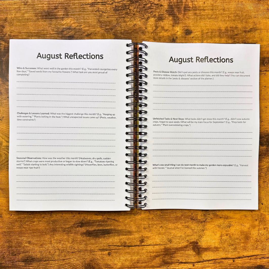 Open notebook with 'August Reflections' on a wooden surface
