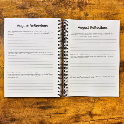 Open notebook with 'August Reflections' on a wooden surface