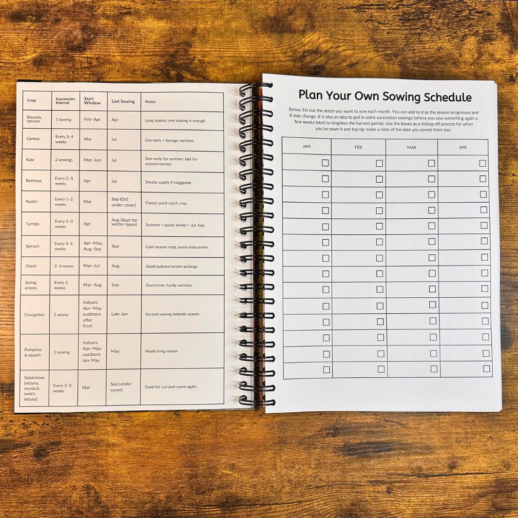 Open notebook with sowing schedule on a wooden surface